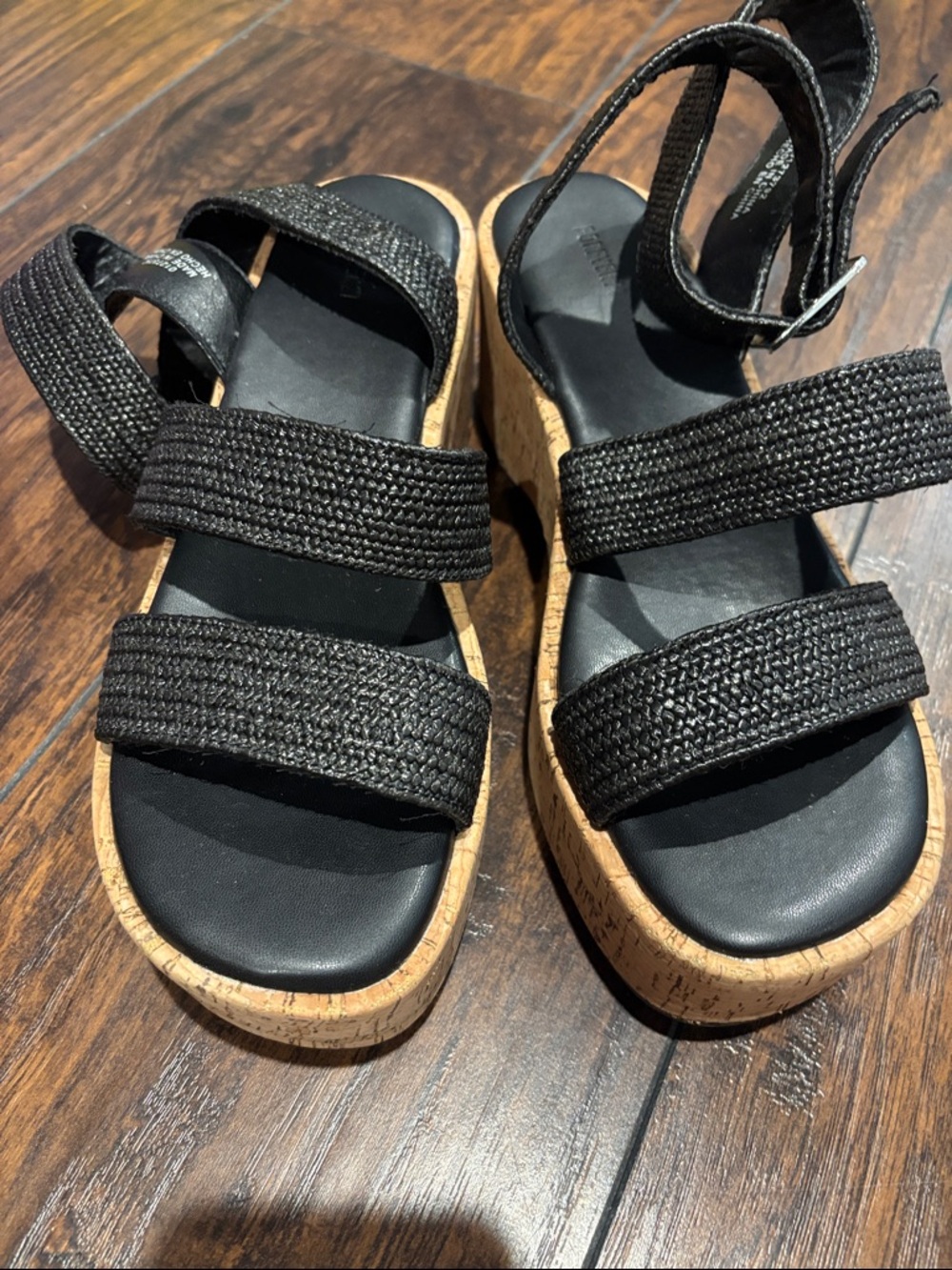 Forever 21 Black Braided Strap Cork Wedge Sandals